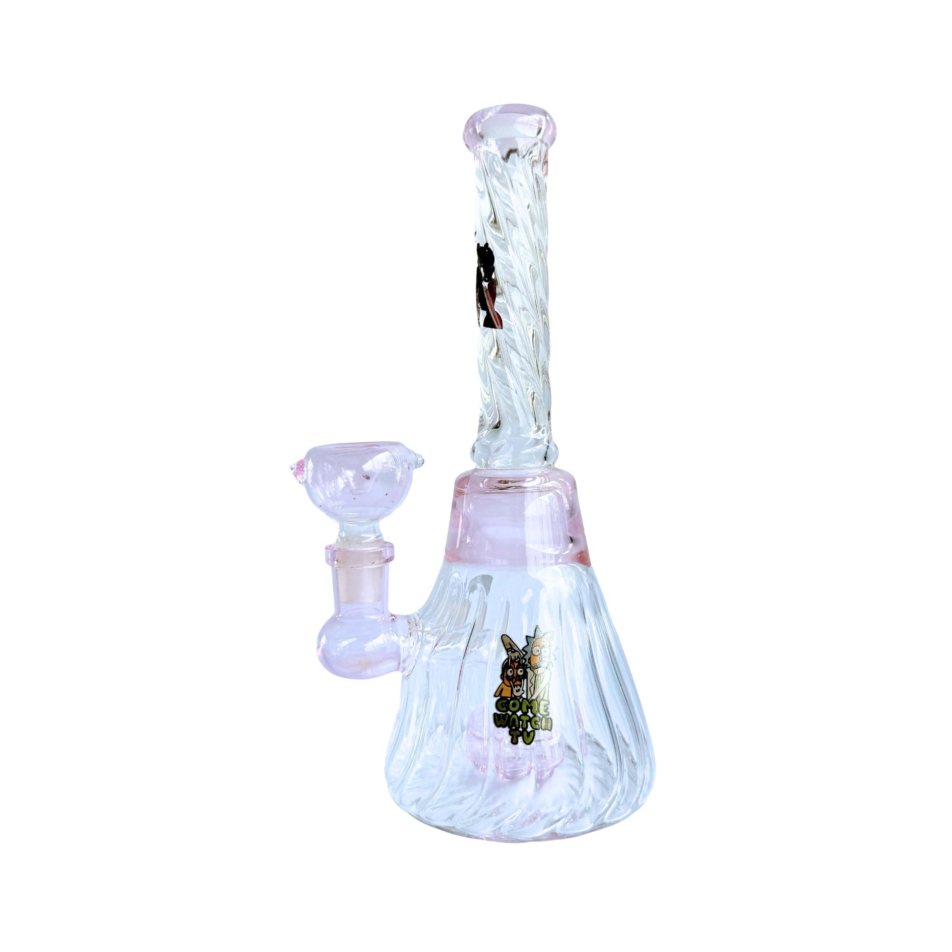 8-Inch Clear and Pink Glass Bong - Swirls, Pink Accents &amp; Rick and Morty Stickers