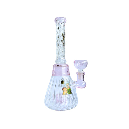 8-Inch Clear and Pink Glass Bong - Swirls, Pink Accents &amp; Rick and Morty Stickers