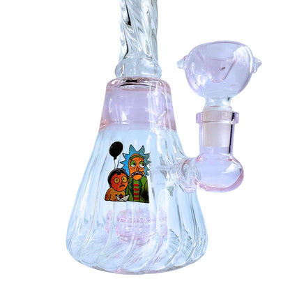 8-Inch Clear and Pink Glass Bong - Swirls, Pink Accents &amp; Rick and Morty Stickers